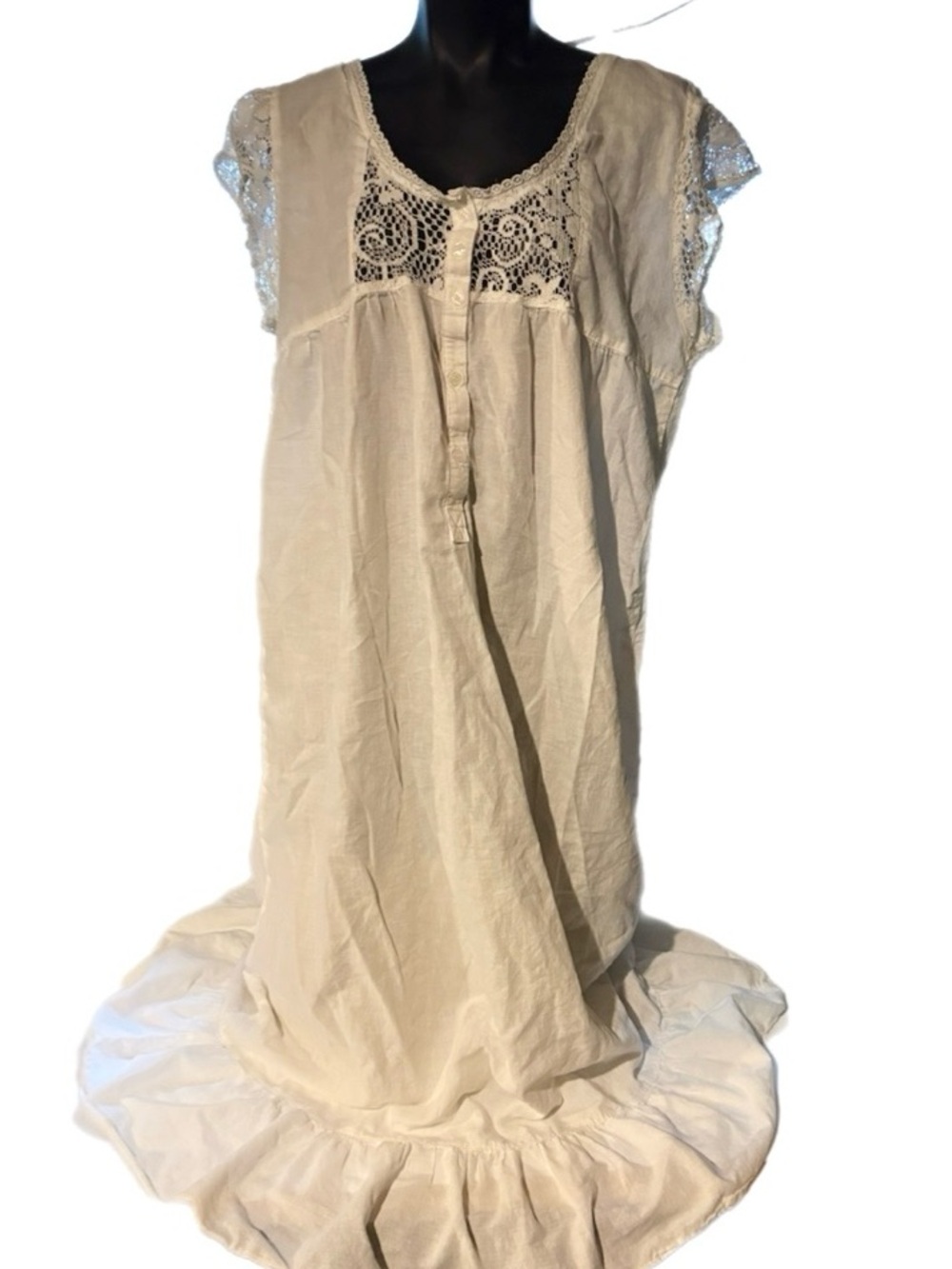Vintage Women’s Light Cream Lace-Trim Nightgown 100% Cotton- Large